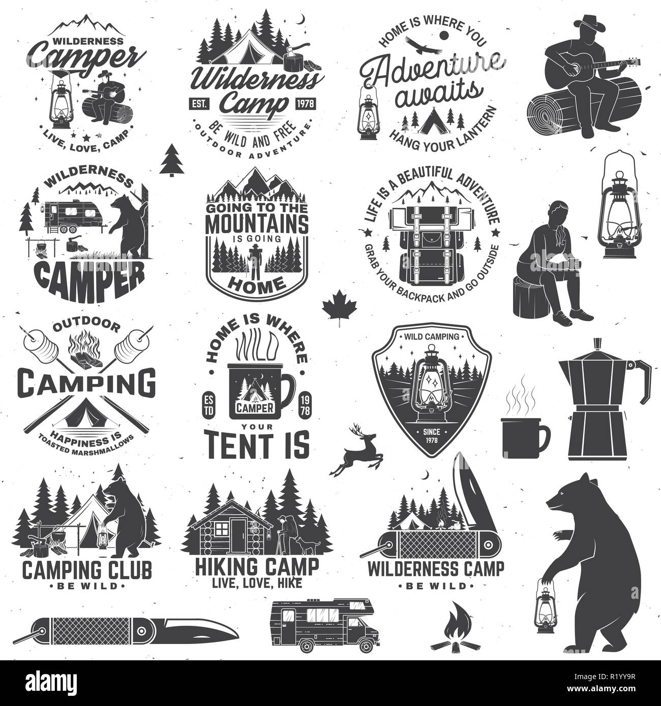 Wilderness camp. Be wild and free. Vector. Concept for badge, shirt or logo, print, stamp, patch or tee Vintage typography design with trailer, tent, campfire, bear, pocket knife and forest silhouette Stock Vector