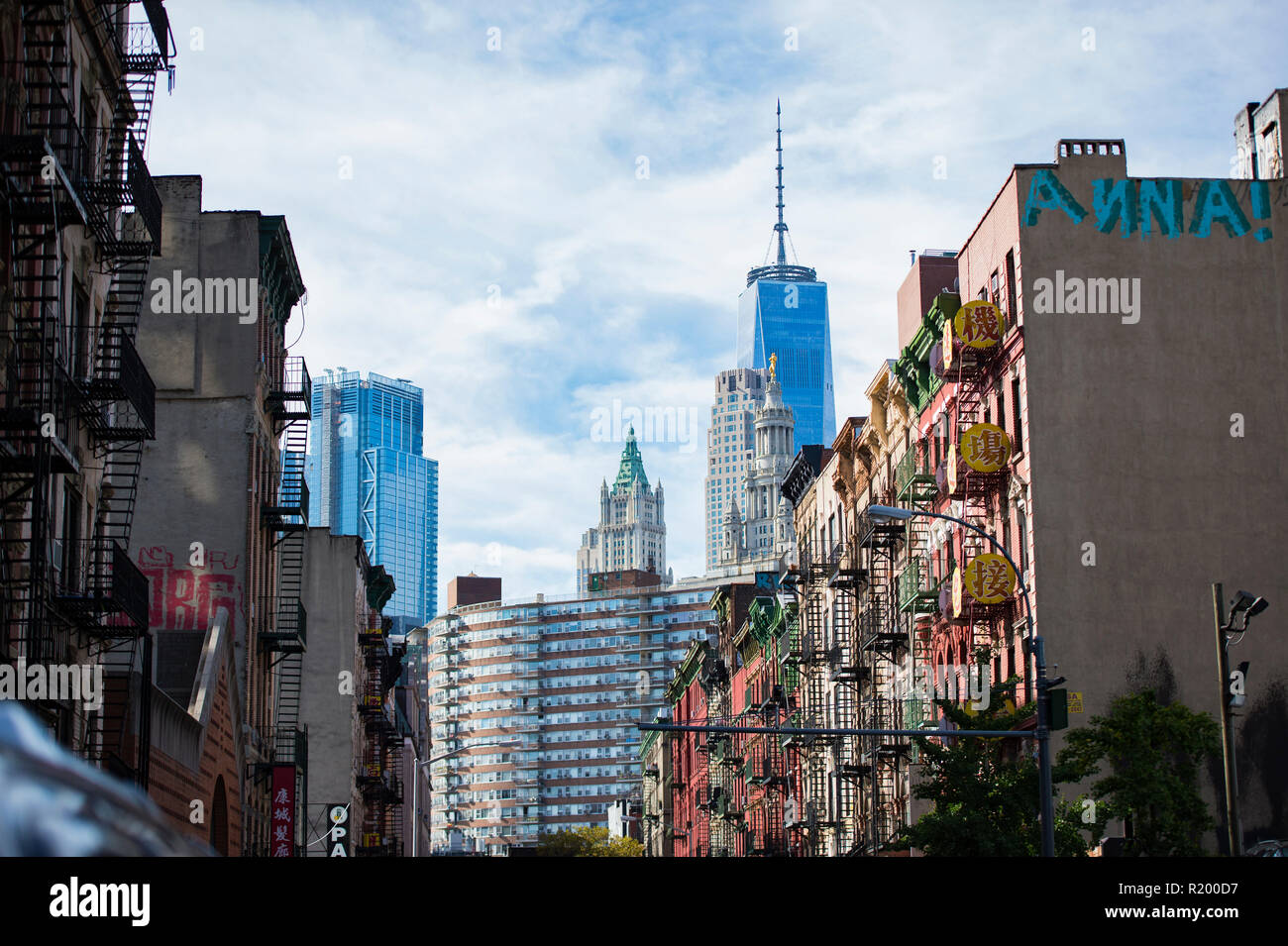 NEW YORK - USA- 28 OCTOBER 2018. Close-up view of New York City style apartment buildings with emergency stairs along Mott Street in Chinatown. Stock Photo