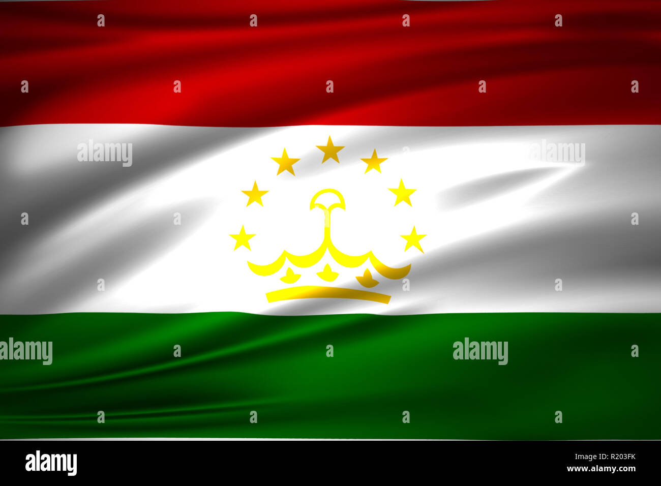 Tajikistan 3D waving flag illustration. Texture can be used as background. Stock Photo