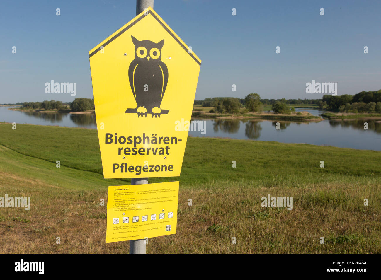 Sign indicating the Lower Saxonian Elbe Valley biosphere reserve at river Elbe. Lower Saxony, Germany Stock Photo