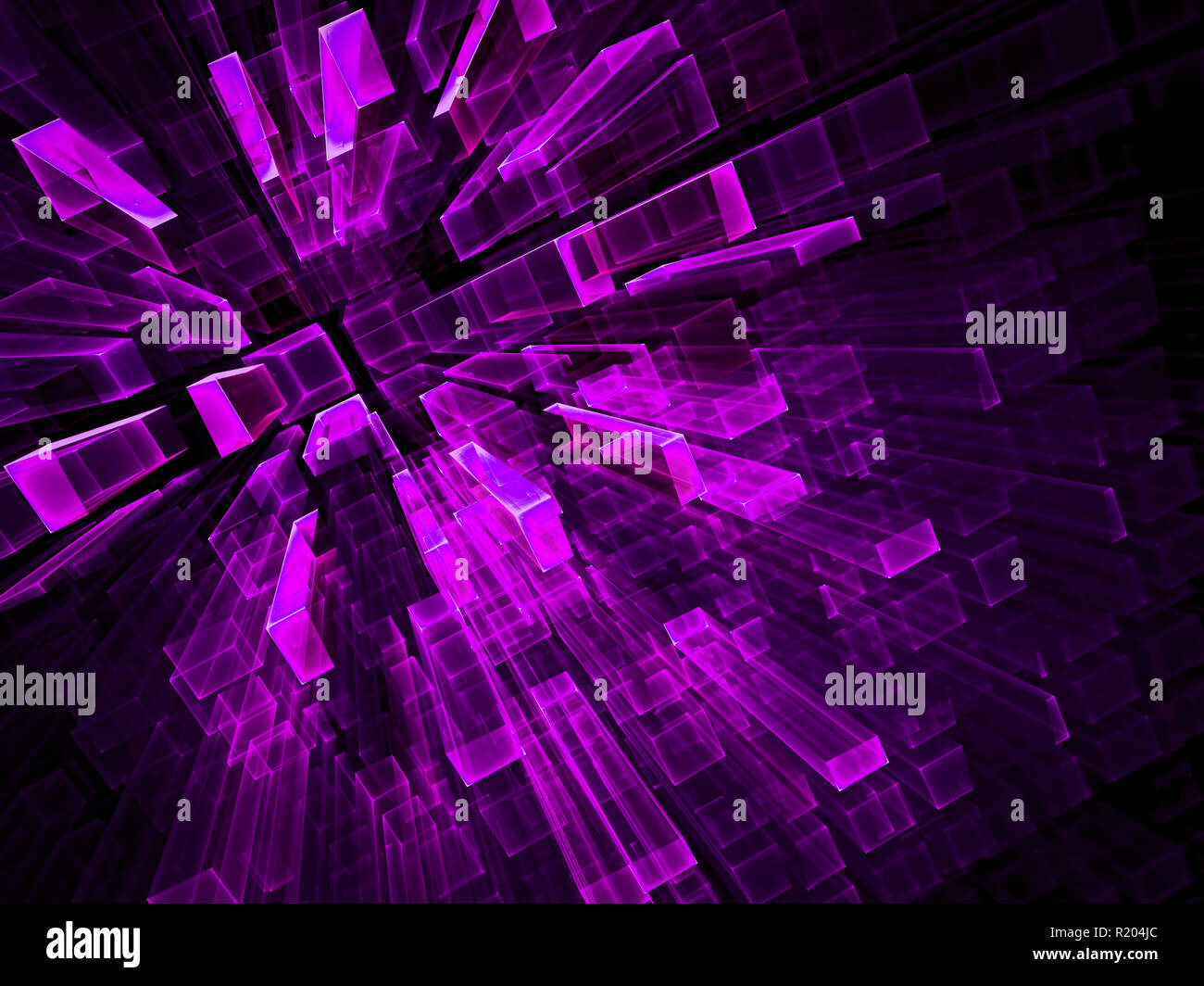 Abstract purple fractal background - computer-generated image. Digital art: portal or tunnel consist of glass blocks. Future technology or science fic Stock Photo