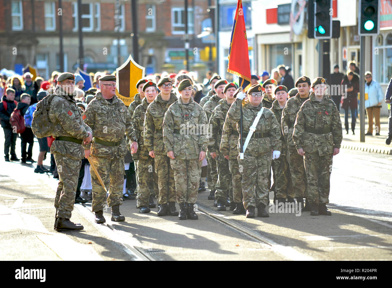 Members of the army cadet force taking part in the Fleetwood home coming parade commemorating the end of hostilities in the first world war Stock Photo