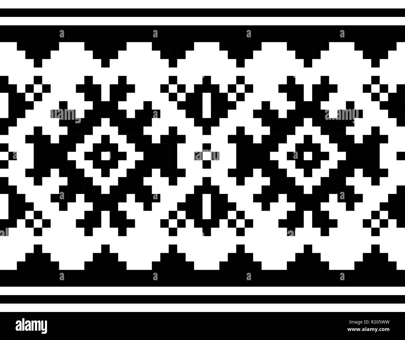 Winter vector pattern - Sami people traditional cross-stitch embroidery design, Scandinavian folk art - black and white Stock Vector