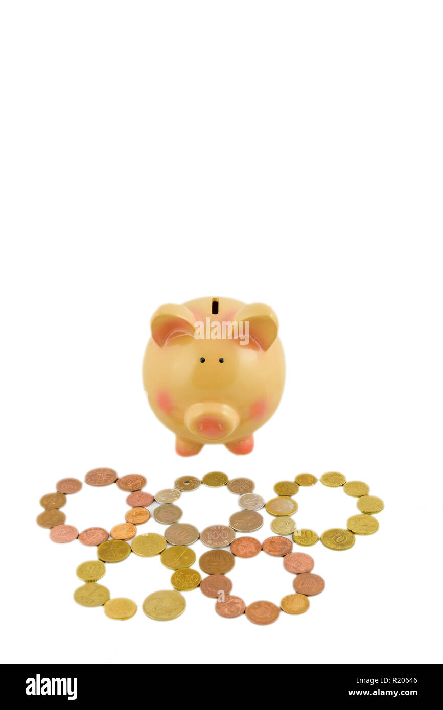 Isolated objects on white background cute piggy bank with couins