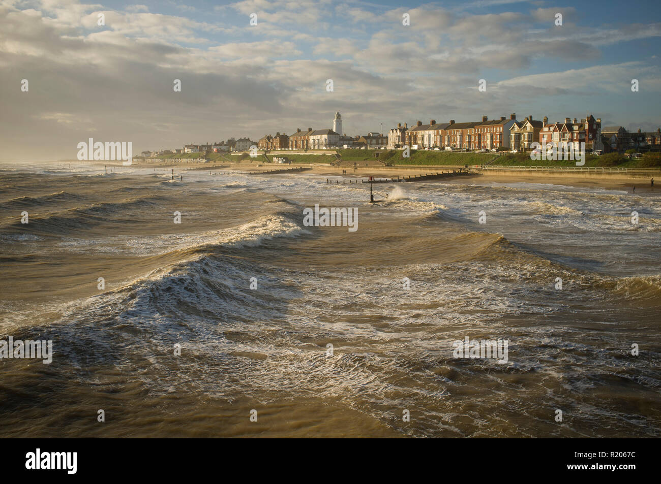 Rough seas in Winter at Southwold, Suffolk Stock Photo