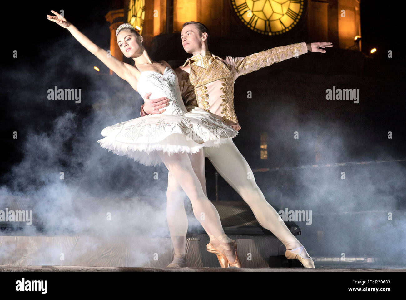 Cinderella performance with Scottish Ballet dancers, Bethany  Kingsley-Garner, who plays Cinderella and her Prince Charming Christopher  Harrison, dancing on the roof of the Balmoral Hotel in Edinburgh as the  clock prepares to