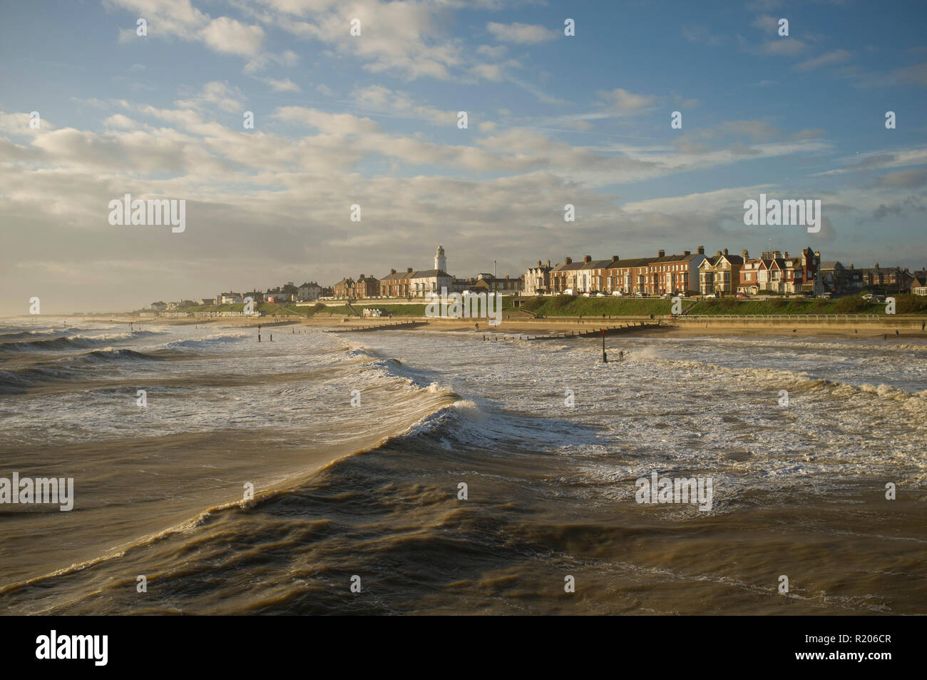 Rough seas in Winter from the pier at Southwold, Suffolk Stock Photo