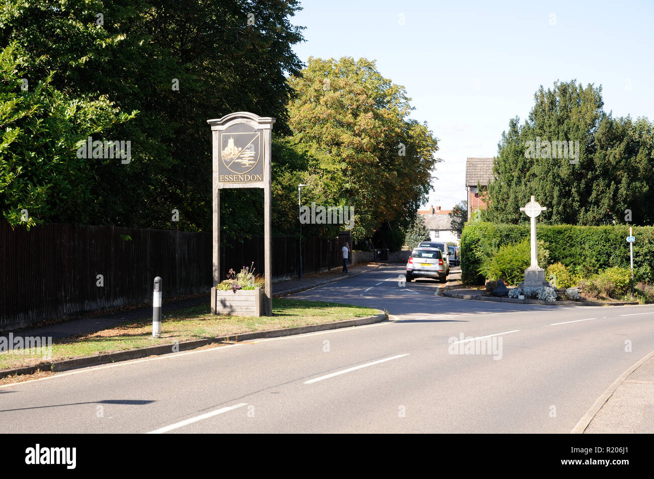 View to Village Sign and War Memorial, Essendon, Hertfordshire Stock