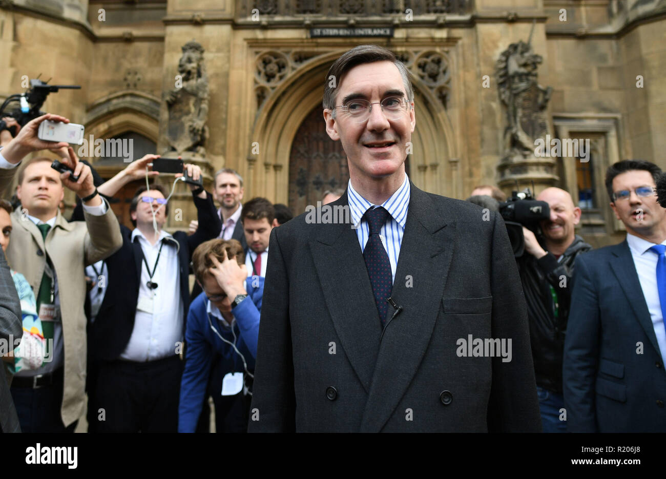 Conservative MP Jacob Rees-Mogg speaking outside the House of Parliament in London after he handed in his letter of no-confidence to Sir Graham Brady, chairman of the 1922 Committee, saying Theresa May???s Brexit deal ???has turned out to be worse than anticipated and fails to meet the promises given to the nation by the Prime Minister???. Stock Photo