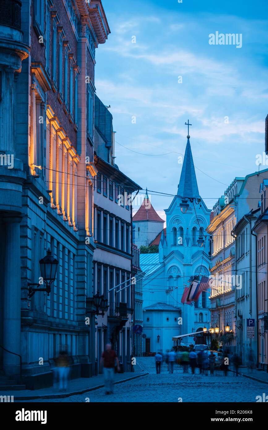 Pils Iela Street at night, Riga, Latvia, Baltic States, Europe Stock