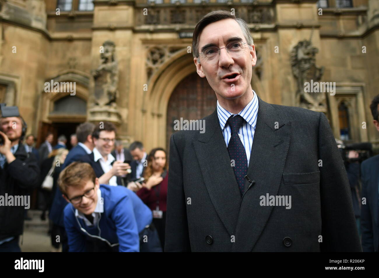 Conservative MP Jacob Rees-Mogg speaking outside the House of Parliament in London after he handed in his letter of no-confidence to Sir Graham Brady, chairman of the 1922 Committee, saying Theresa May&acirc;€™s Brexit deal &acirc;€œhas turned out to be worse than anticipated and fails to meet the promises given to the nation by the Prime Minister&acirc;€. Stock Photo