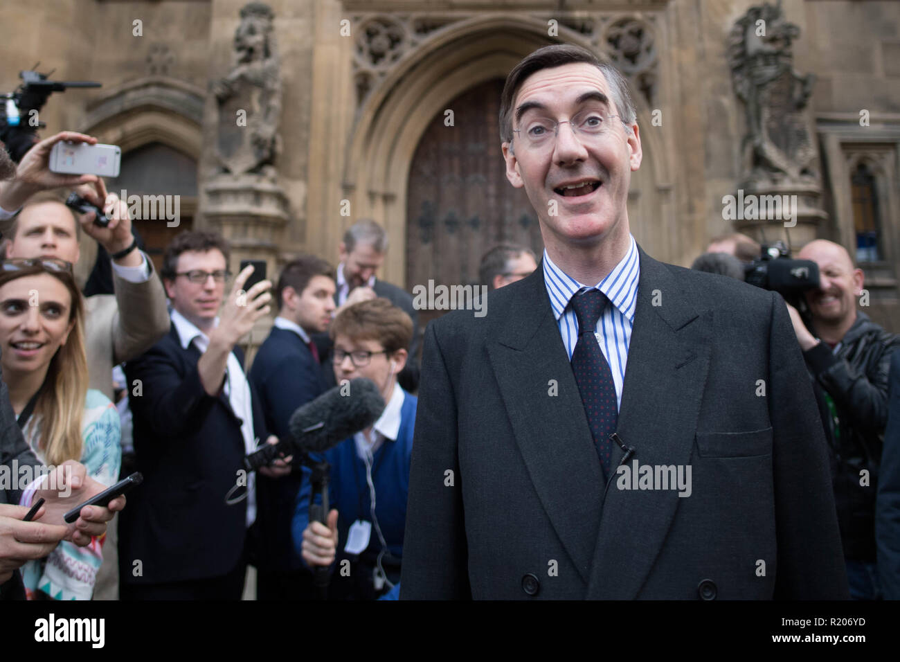 Conservative MP Jacob Rees-Mogg speaking outside the House of Parliament in London after he handed in his letter of no-confidence to Sir Graham Brady, chairman of the 1922 Committee, saying Theresa May&acirc;€™s Brexit deal &acirc;€œhas turned out to be worse than anticipated and fails to meet the promises given to the nation by the Prime Minister&acirc;€. Stock Photo