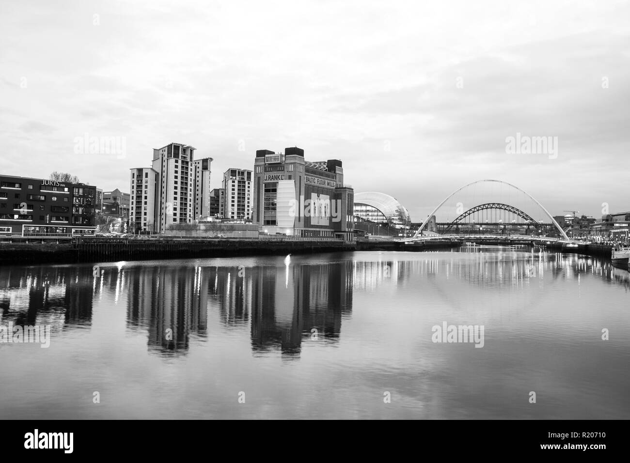 Newcastle upon Tyne/England - April 9th 2014: Newcastle River famous 5 bridges view at dusk (Black and white) Stock Photo