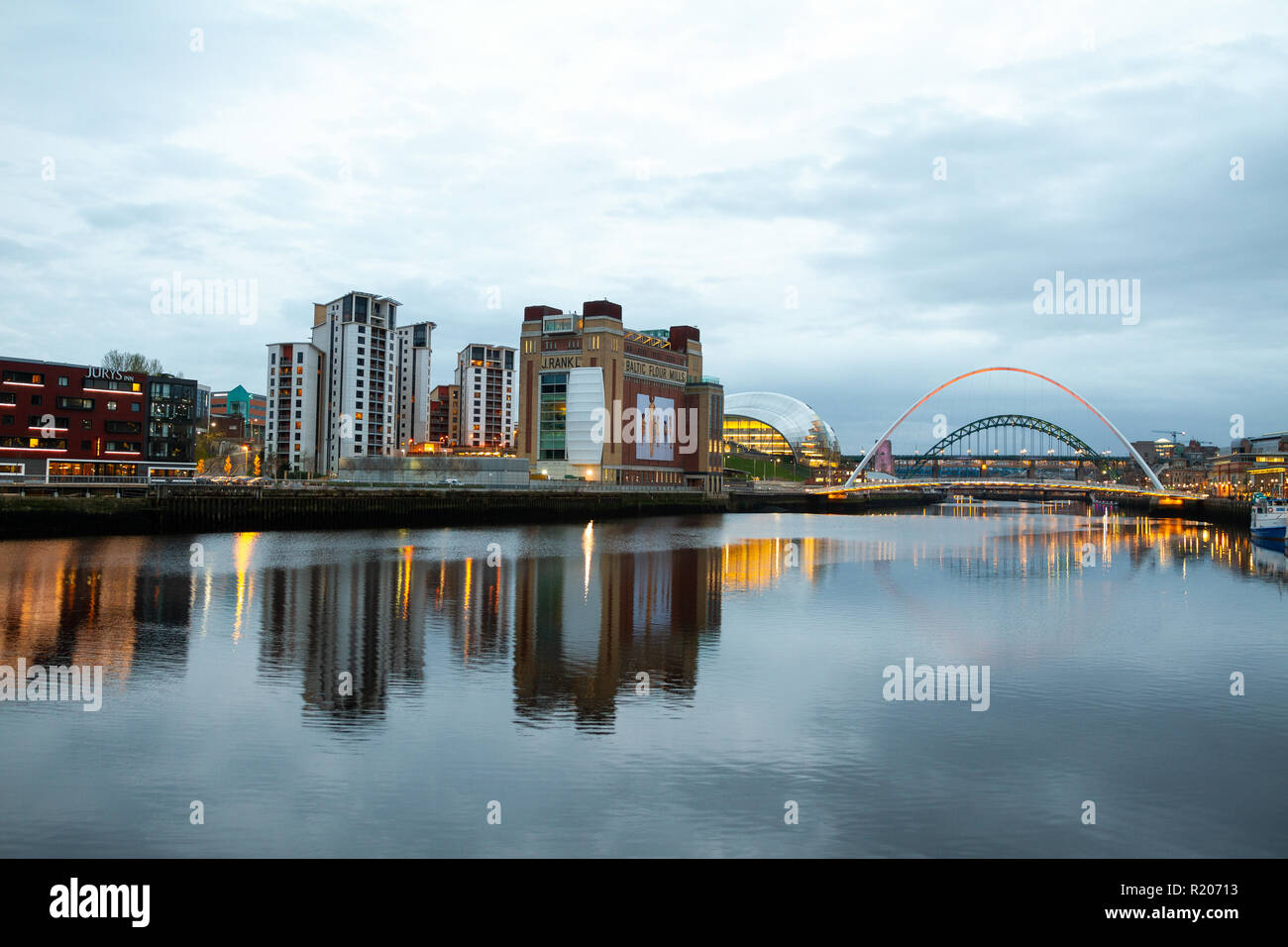 Newcastle upon Tyne/England - April 9th 2014: Newcastle River famous 5 bridges view at dusk Stock Photo