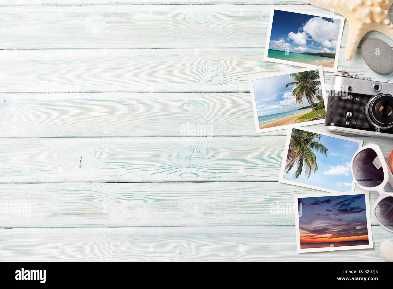Staycation Backdrop Travel vacation background concept with weekend photos on wooden ...