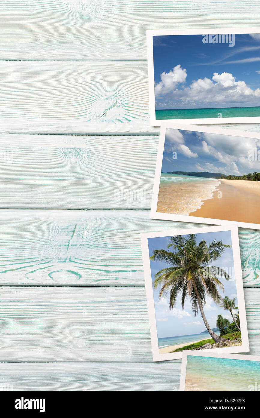 Travel vacation background concept with weekend photos on wooden backdrop. Top view with copy space. Flat lay. All photos taken by me Stock Photo