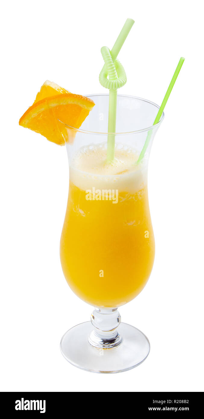 orange juice in tall glass. fresh drink with ice decorated with fruit slice and straw Stock Photo