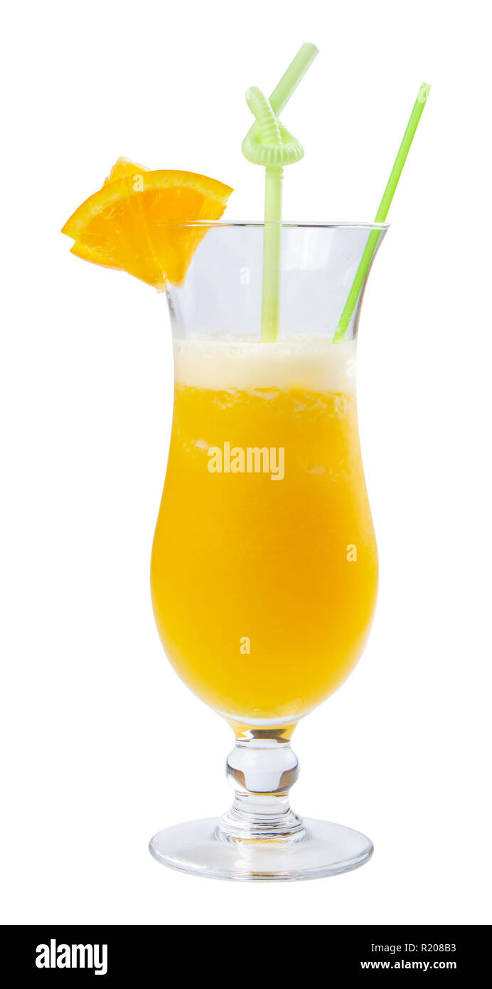 orange juice in tall glass. fresh drink with ice decorated with fruit slice and straw Stock Photo