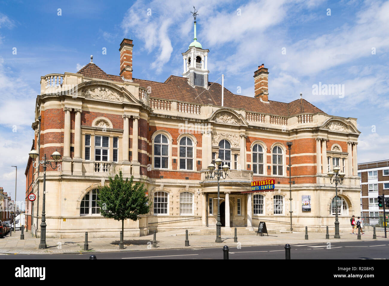 Exterior of Battersea Arts Centre, a Grade II* listed building, showing main entrance by road, London, UK Stock Photo