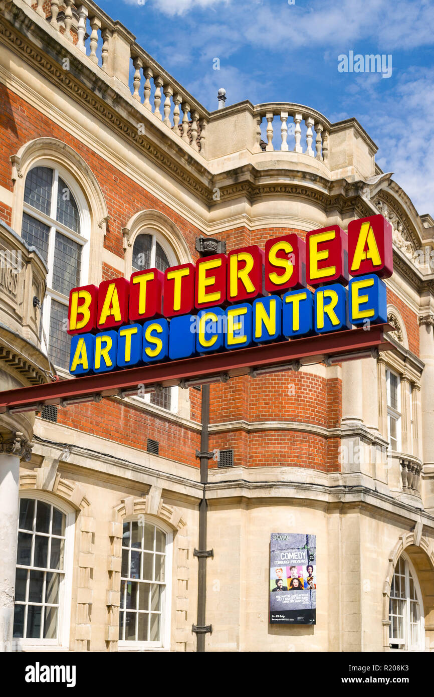 Exterior of Battersea Arts Centre, a Grade II* listed building, showing main sign above entrance, London, UK Stock Photo