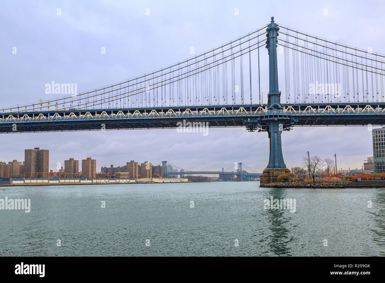 Manhattan bridge from side and Williamsburg bridge on distance from
