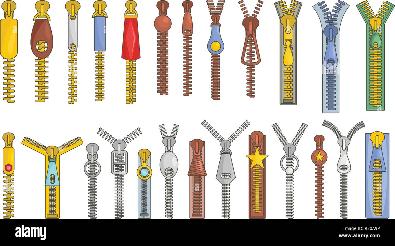 Zipper puller lock icons set. Cartoon illustration of 32 zipper puller
