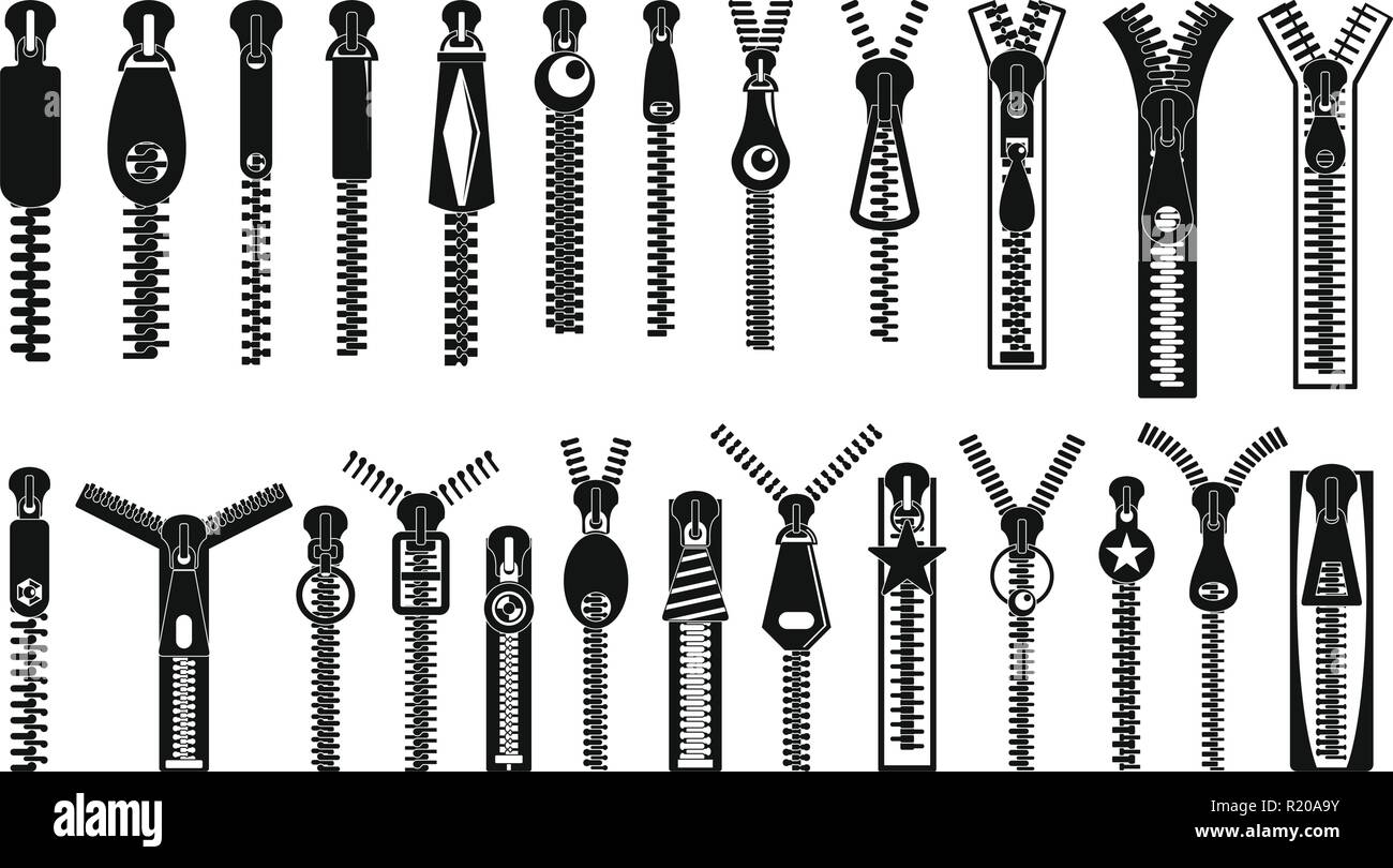 Zipper puller lock icons set. Simple illustration of 32 zipper puller