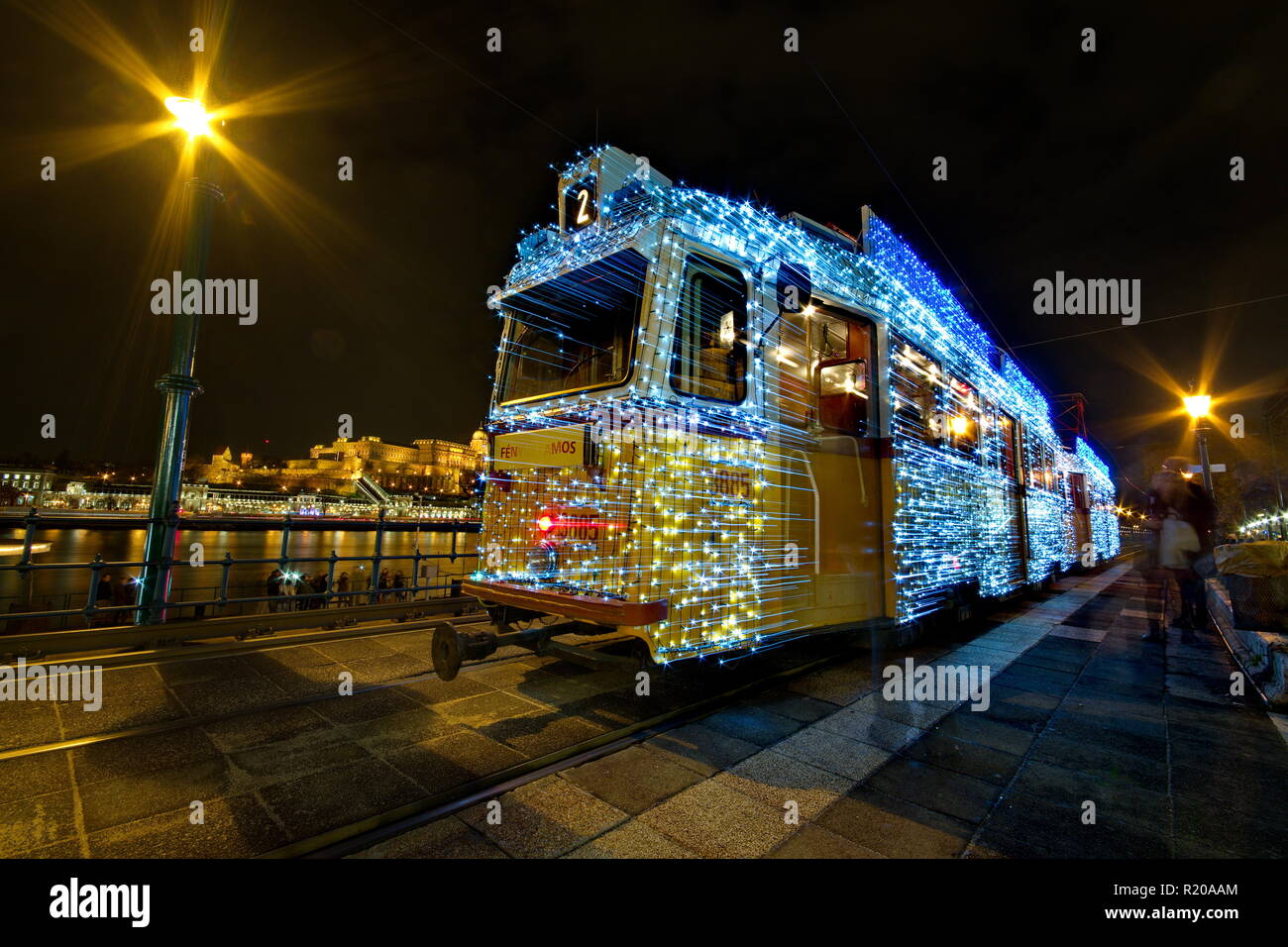 BUDAPEST, HUNGARY - DECEMBER 10, 2015: Christmass lights on a tram in Budapest Stock Photo