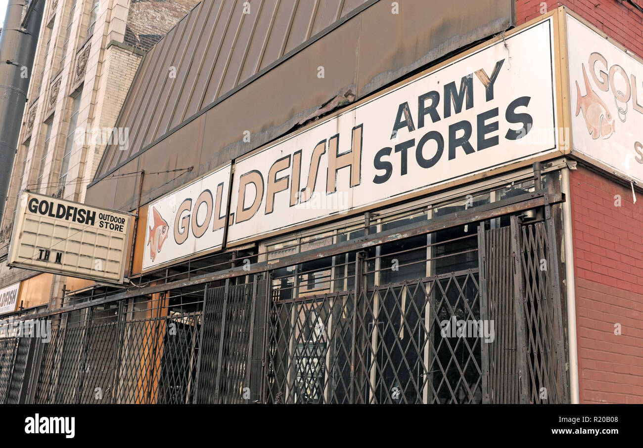 A closed and gated off Goldfish Army Stores at East 2nd and Prospect Avenue in downtown
