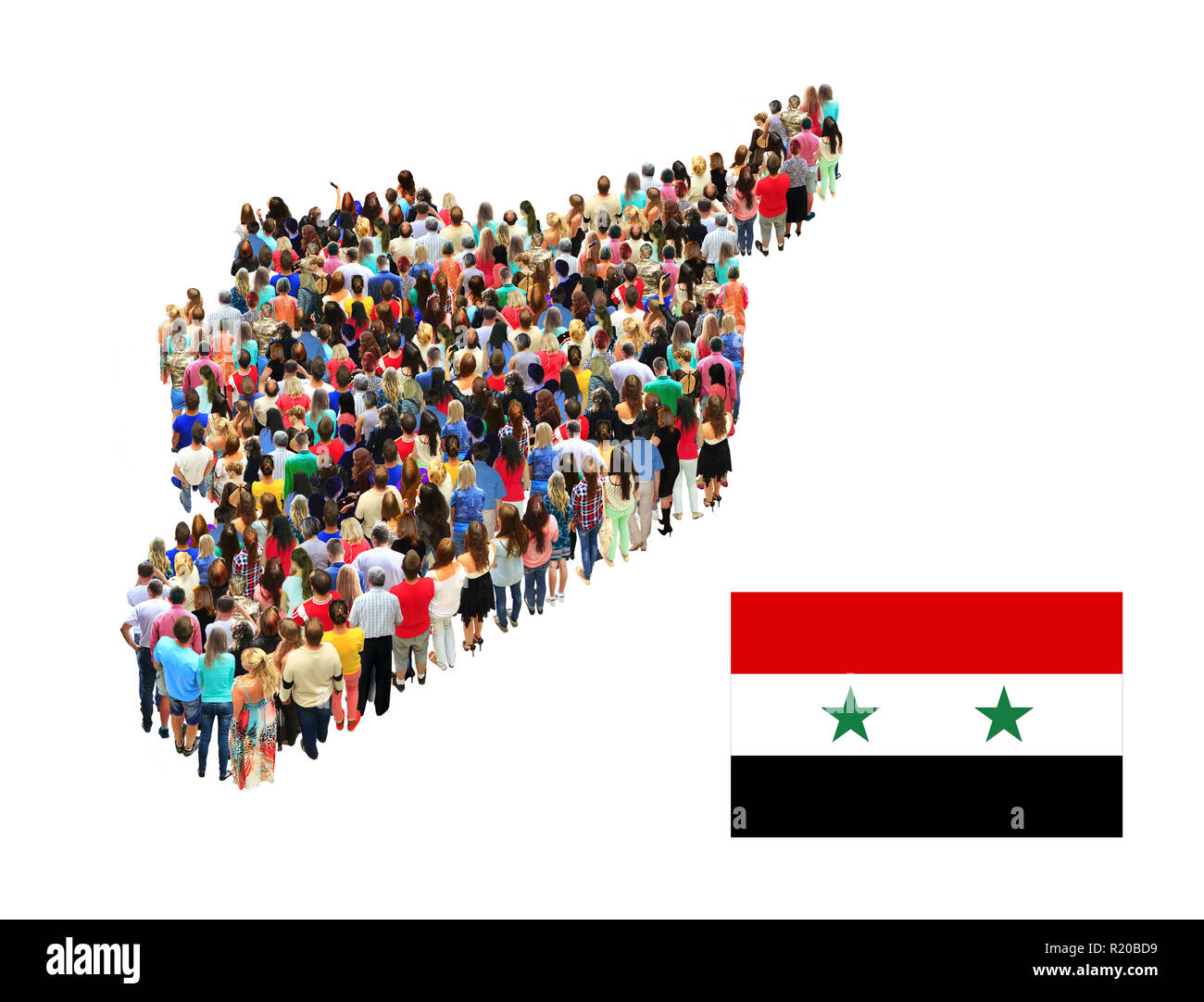 Map of Syria consist of different people isolated on white background. Syrian flag. National flag of Syria. Social people. Syrian Arab Republic Stock Photo