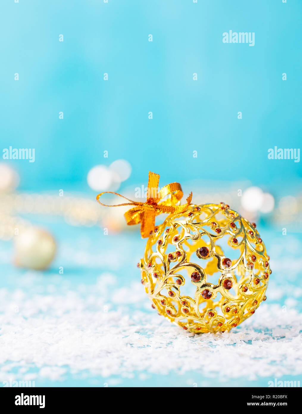Christmas, New Year blue background with ball and snow decorations. Copy space. Stock Photo
