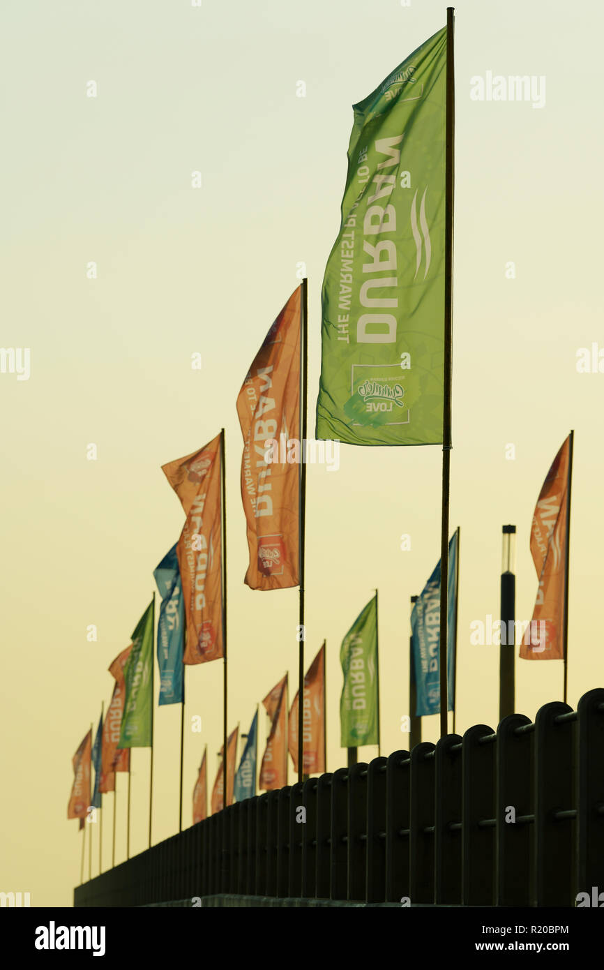 Durban, KwaZuluNatal, South Africa, colourful rows of branded flags marketing city of Durban on