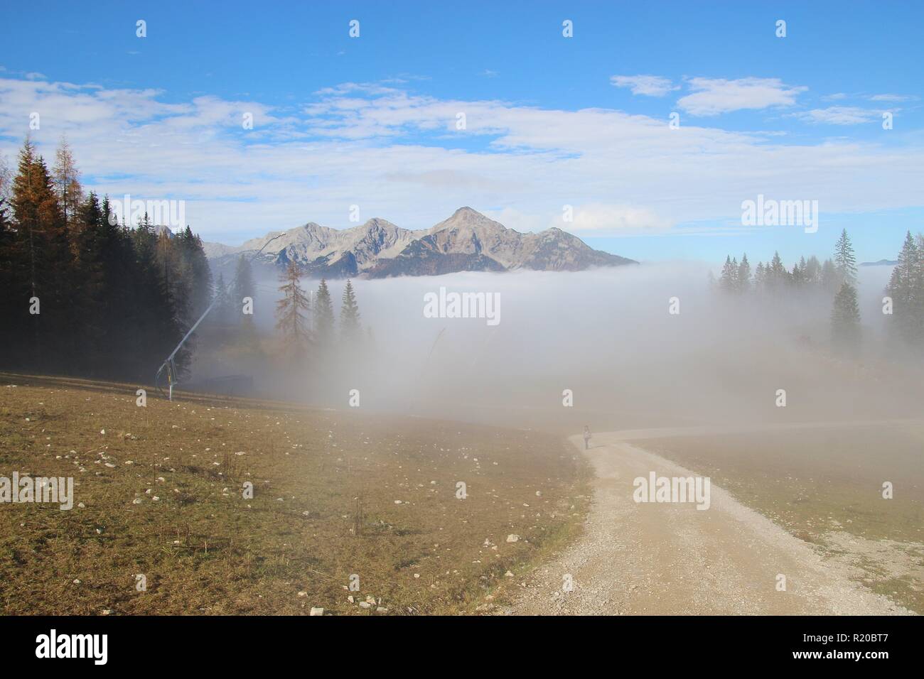 Trail in the mountains in autumn, in the Limestone alps national park, above Hinterstoder. Height 1300 m. A fog layer above the valley. Austria, Europe. Stock Photo