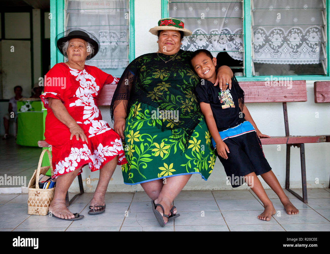 Cook Island family after heading out for Sunday Mass, Rarotonga. Stock Photo