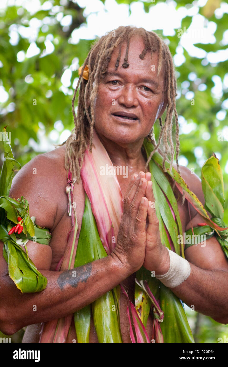 The enigmatic forest spirit, traditional herbalist and trek guide Pa, of Pa's Treks, on a cross island trek across Rarotonga Island. Stock Photo