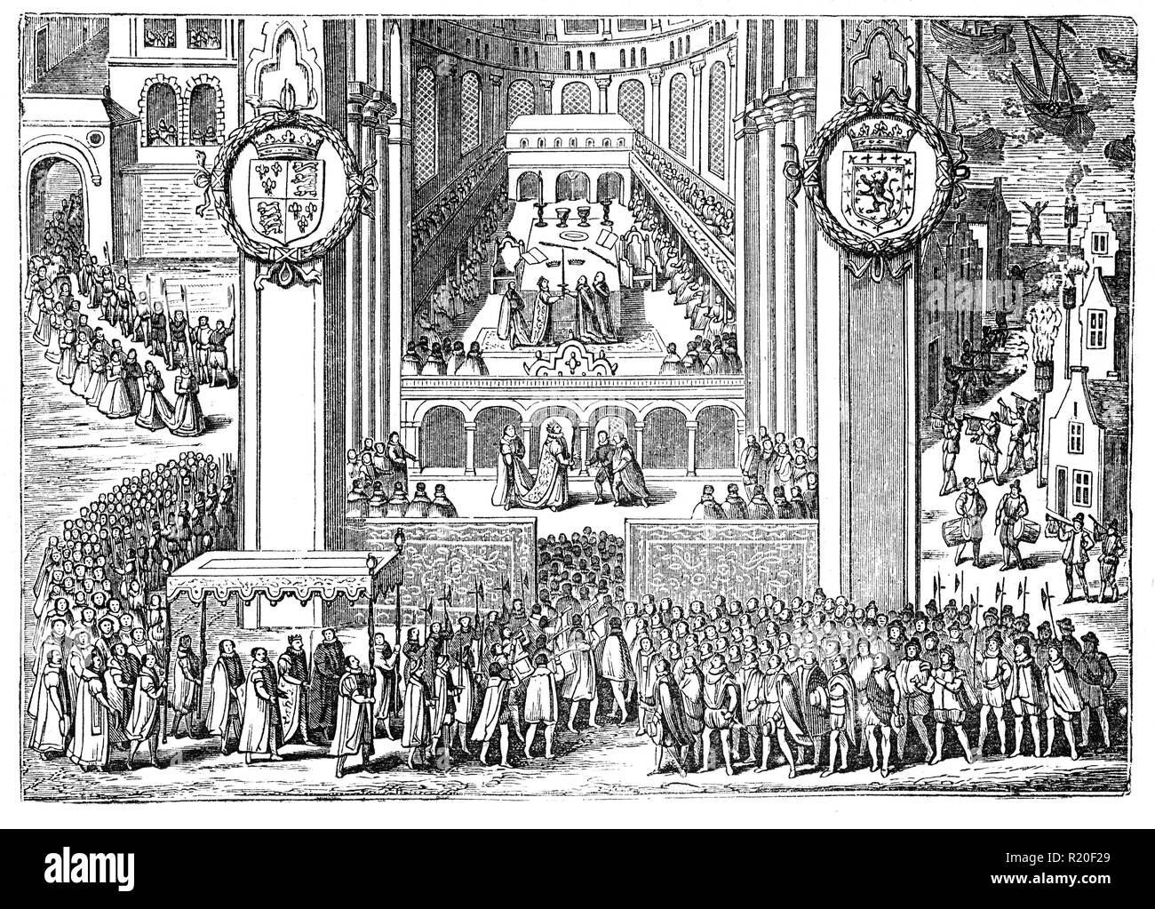 The English coronation of King James I on the on 25 July, 1567 in Westminser Abbey, London. He was also  King of Scotland as James VI from 24 July 1567 and King of England and Ireland as James. Although the kingdoms of Scotland and England were individual sovereign states, with their own parliaments, judiciaries, and laws, though both were ruled by James. He succeeded the last Tudor monarch, Elizabeth I in 1603 and reigned in all three kingdoms for 22 years, a period known after him as the Jacobean era, until his death in 1625 at the age of 58. Stock Photo