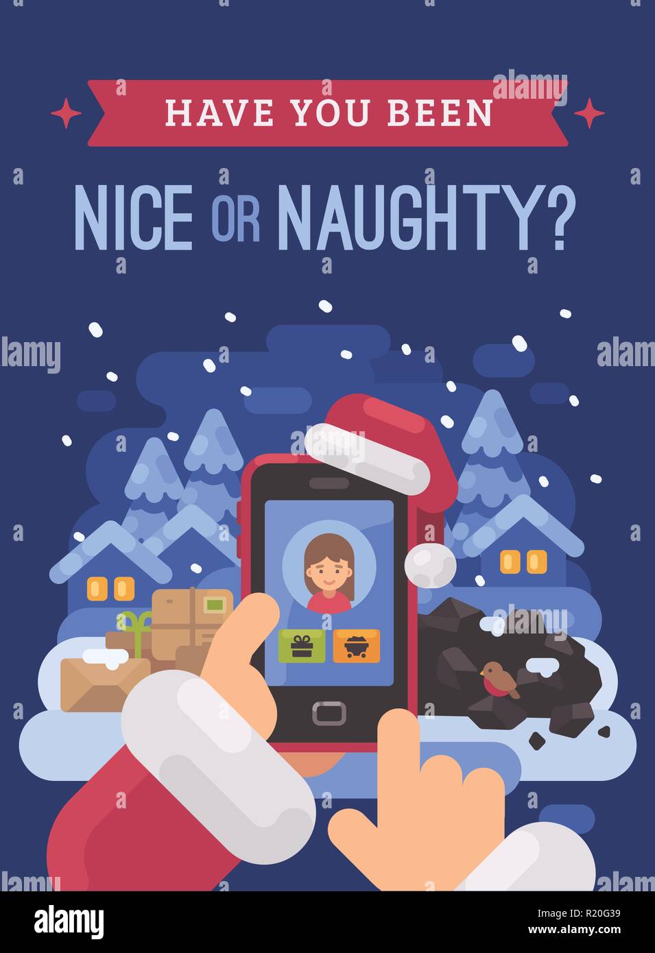 Santa Claus checking children profiles online deciding who is naughty and nice. Christmas flat illustration card Stock Vector