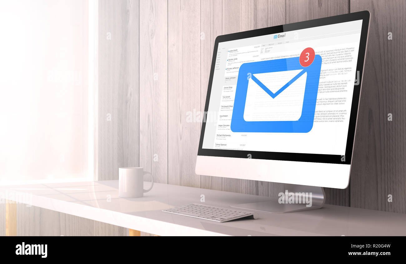 3d rendering of workspace.Mail notification on computer. Stock Photo
