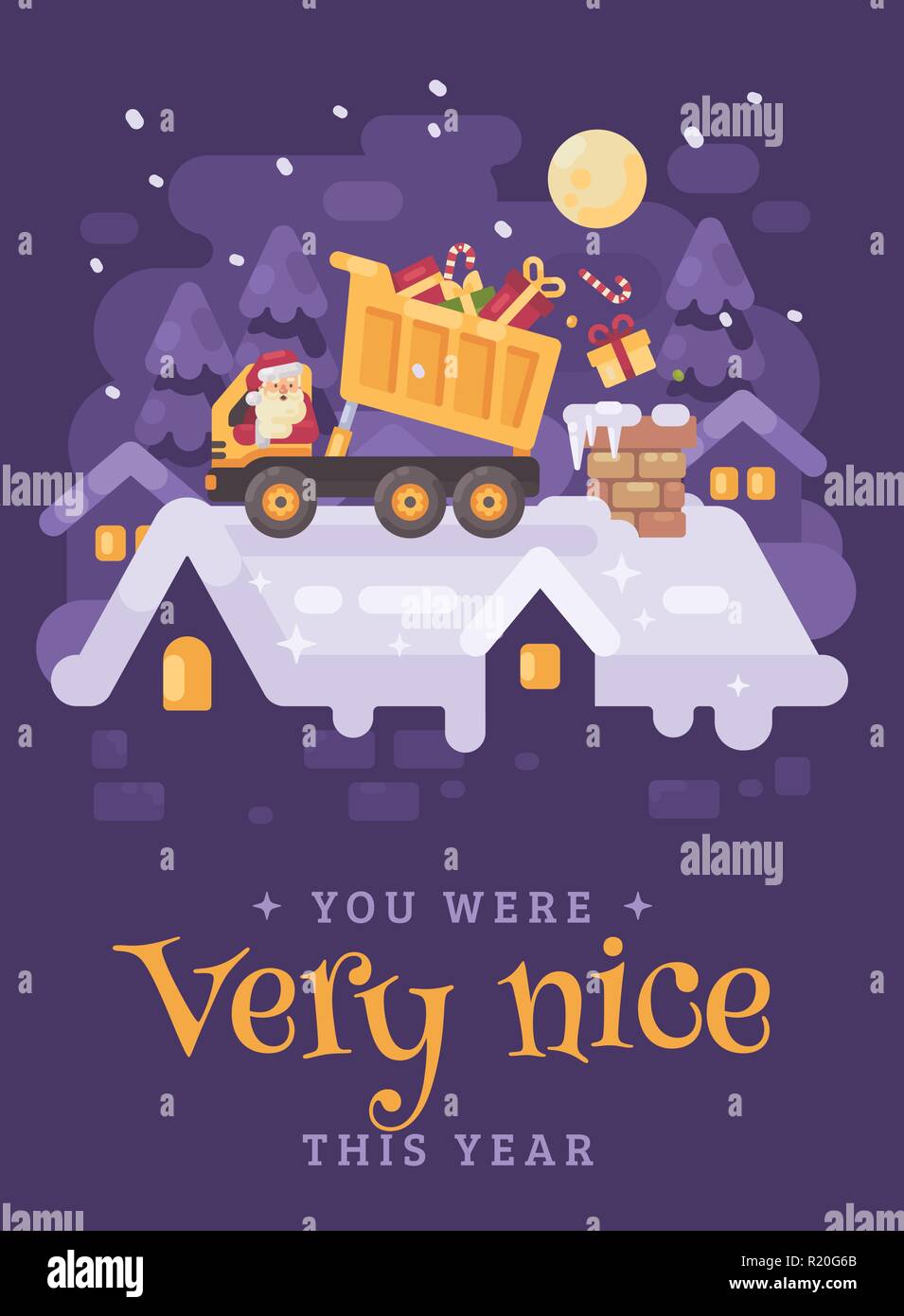 Santa Claus in a yellow tipper truck on a rooftop unloading presents into the chimney of a very nice kid. Christmas character illustration greeting ca Stock Vector