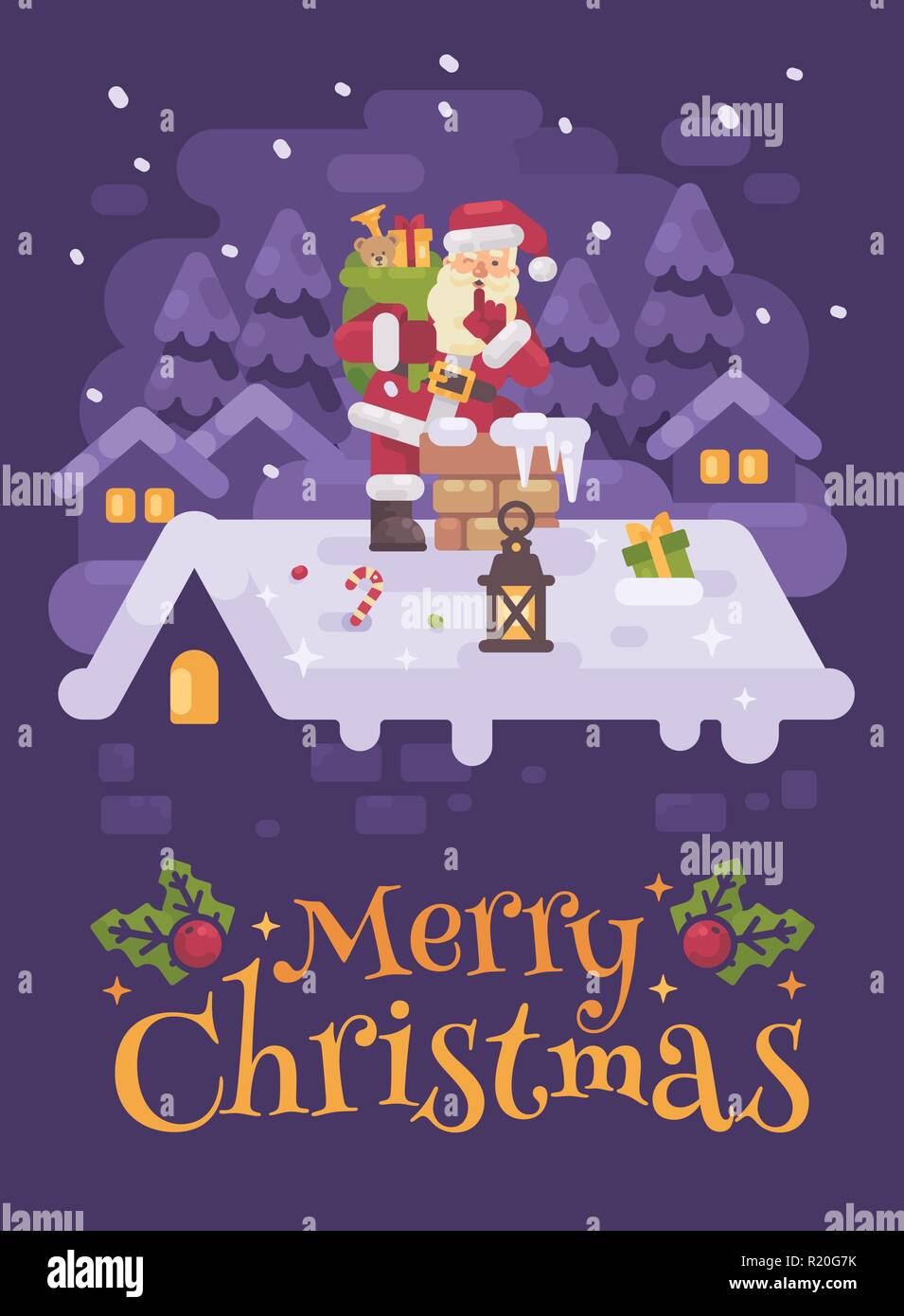Cheerful Santa Claus on a roof climbing into the chimney with a bag full of presents  on Christmas night. Purple winter flat illustration greeting car Stock Vector