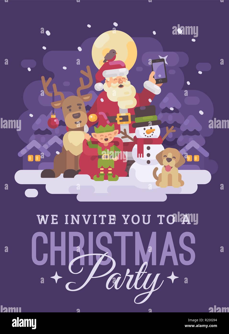 Santa Claus with reindeer, elf, snowman and dog taking a selfie in a snowy night winter village landscape. Christmas invitation card flat illustration Stock Vector