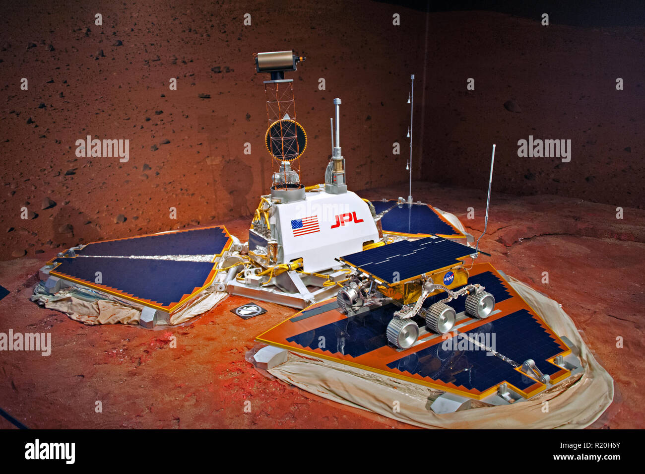 el of the Mars Pathfinder satellite and sojourner rover at the City of Arts and Sciences, Valencia, Spain. Stock Photo