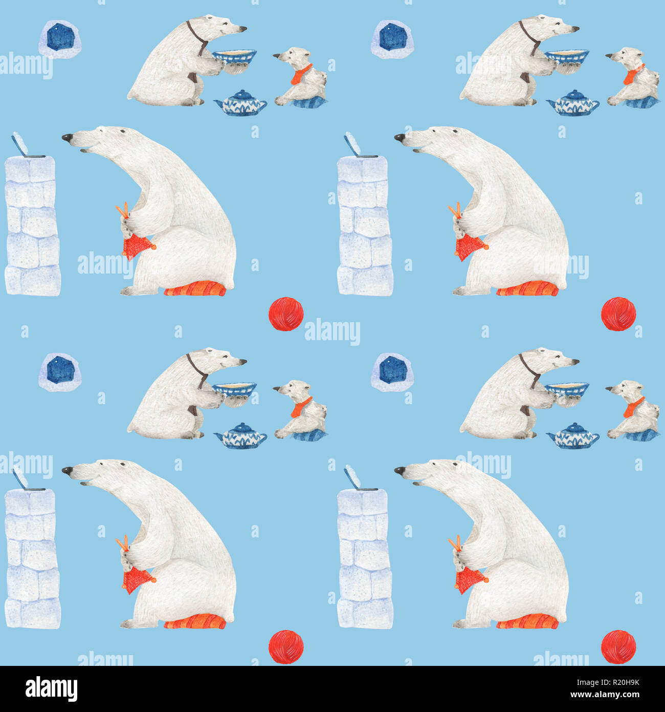 Polar bears drink tea and knitting. Watercolor seamless patterns for textile, wrapping paper and any tiled design. Blue background, clipping path uncl Stock Photo