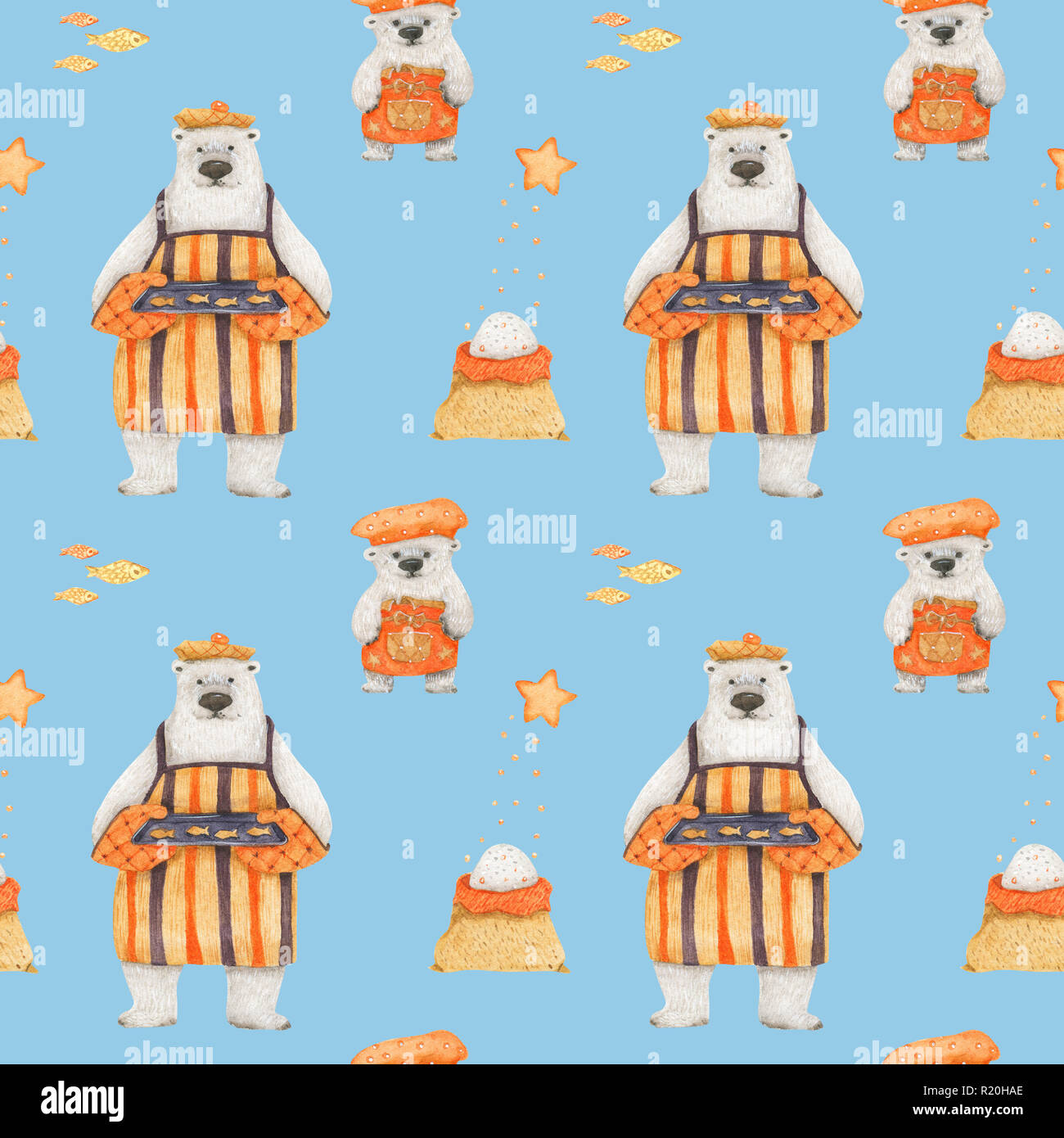 Polar bears baking cookies. Watercolor seamless patterns for textile, wrapping paper and any tiled design. Blue background, clipping path uncluded Stock Photo