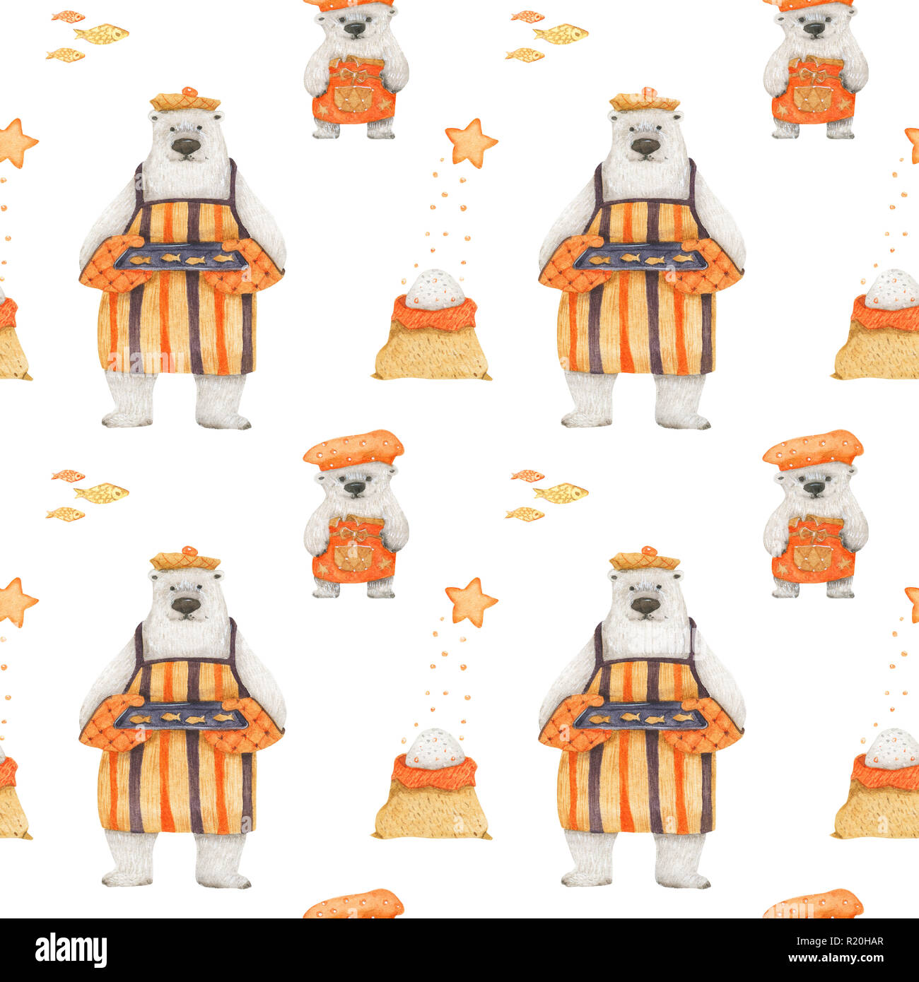 Polar bears baking cookies. Watercolor seamless patterns for textile, wrapping paper and any tiled design. White background, clipping path uncluded Stock Photo