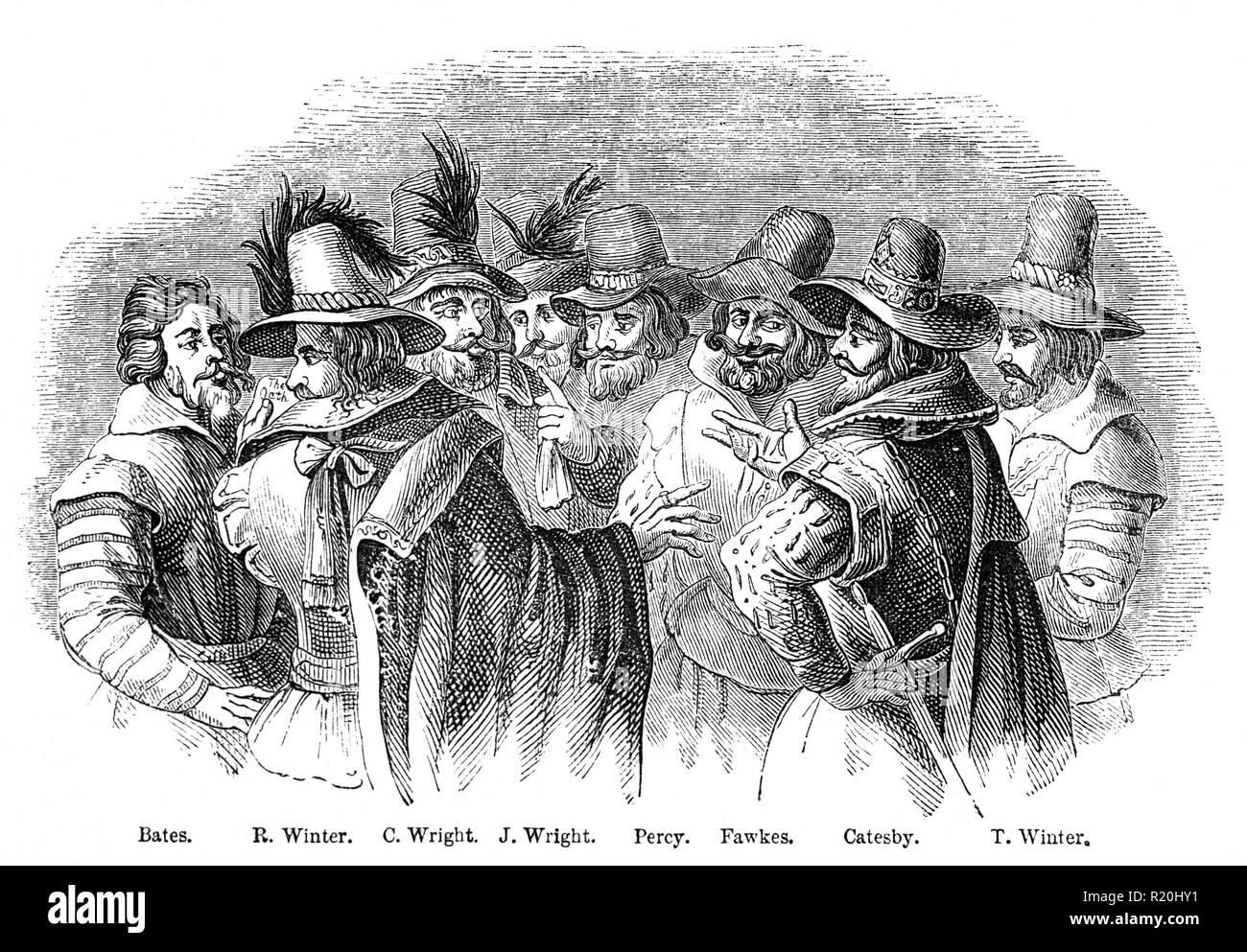 The conspirators involved in the Gunpowder Plot of 1605, aka the Gunpowder Treason Plot, or the Jesuit Treason. It was a failed assassination attempt against King James I by a group of provincial English Catholics led by Robert Catesby.  The plan was to blow up the House of Lords during the State Opening of Parliament on 5 November 1605, as the prelude to a popular revolt in the Midlands during which James's nine-year-old daughter, Elizabeth, was to be installed as the Catholic head of state. Stock Photo