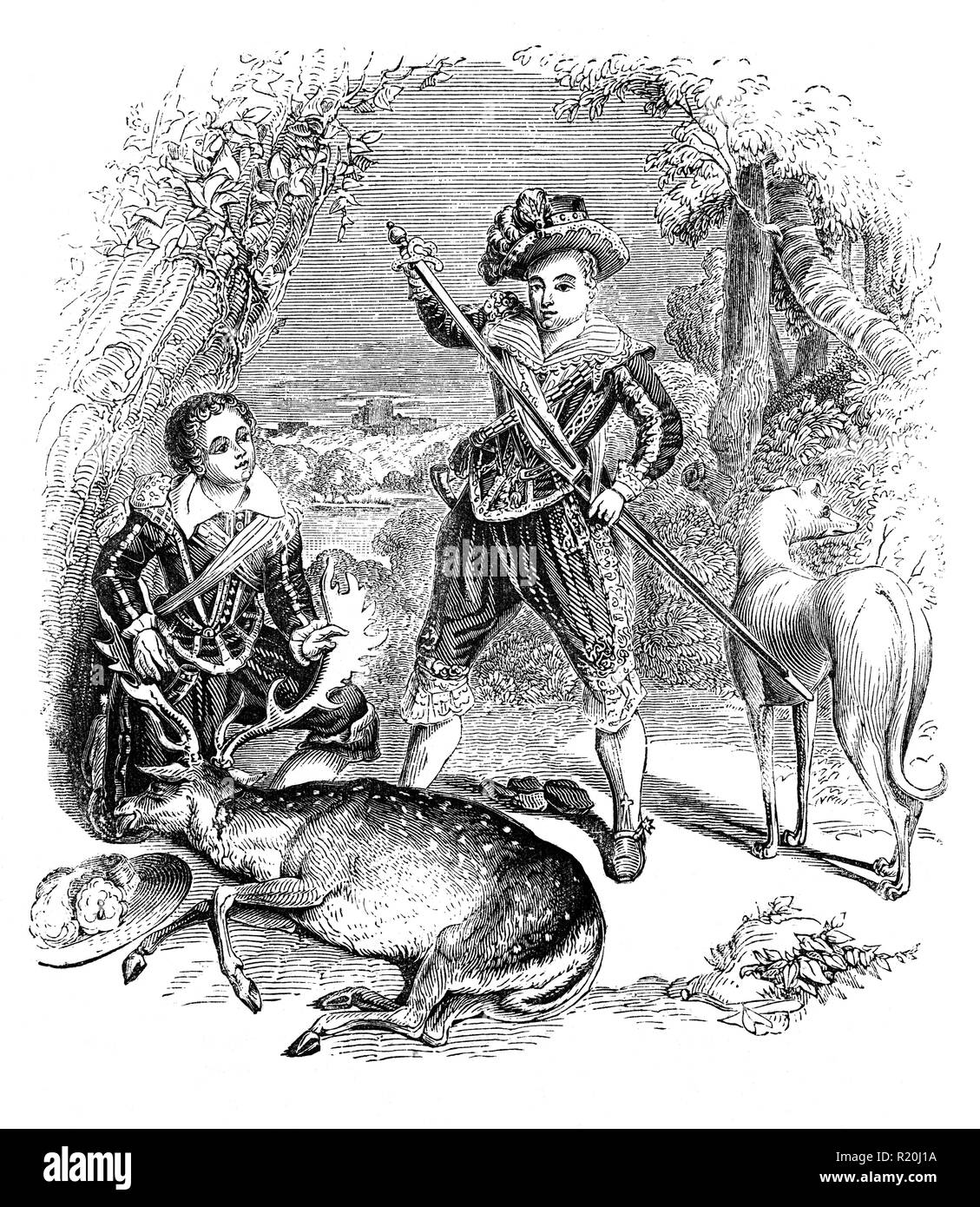 A deer hunt with Lord Harrington and Henry Frederick, Prince of Wales (1594-1612), elder son of James VI and I, King of England and Scotland. His name derives from his grandfathers: Henry Stuart, Lord Darnley, and Frederick II of Denmark. Prince Henry was widely seen as a bright and promising heir to his father's thrones. However, at the age of 18, he predeceased his father when he died of typhoid fever. His younger brother Charles succeeded him as heir apparent to the English, Irish and Scottish thrones. Stock Photo