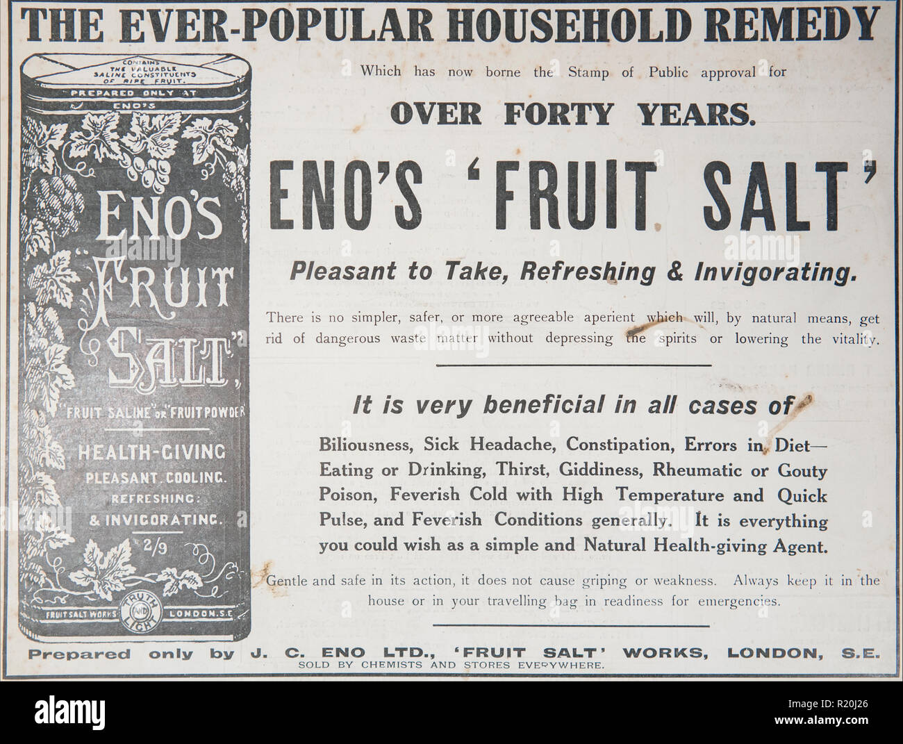 Advert for Eno’s ‘Fruit’ Salt. From an old British magazine from the 1914-1918 period. England UK GB Stock Photo