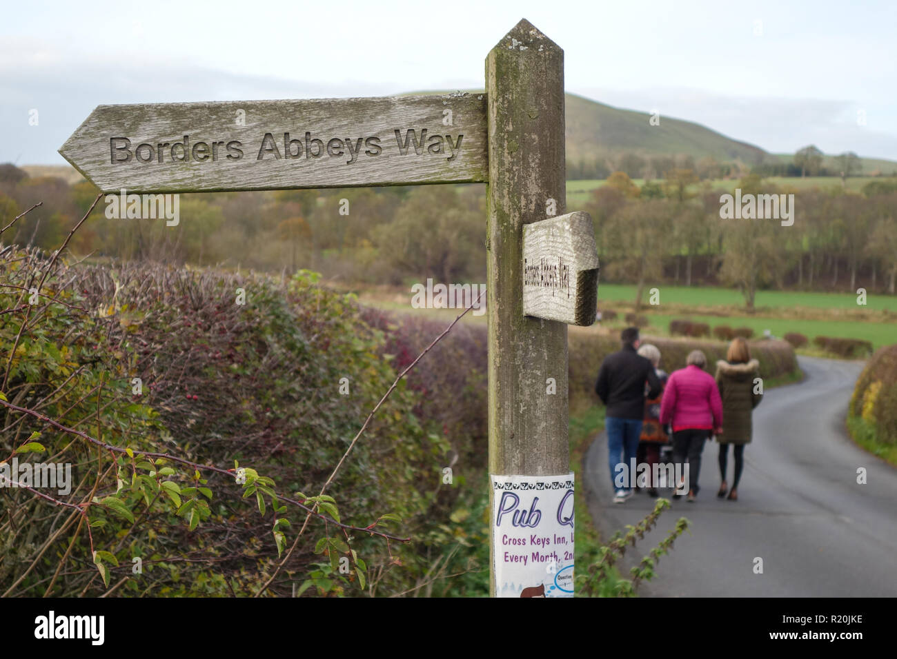 Footpath sign 'Borders Abbeys Way' at Denholm, Scottish Borders Stock Photo