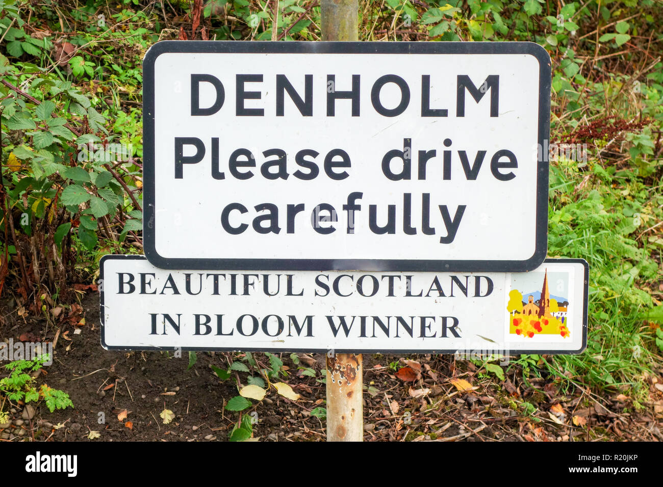 Denholm - Please Drive Carefully road sign Stock Photo